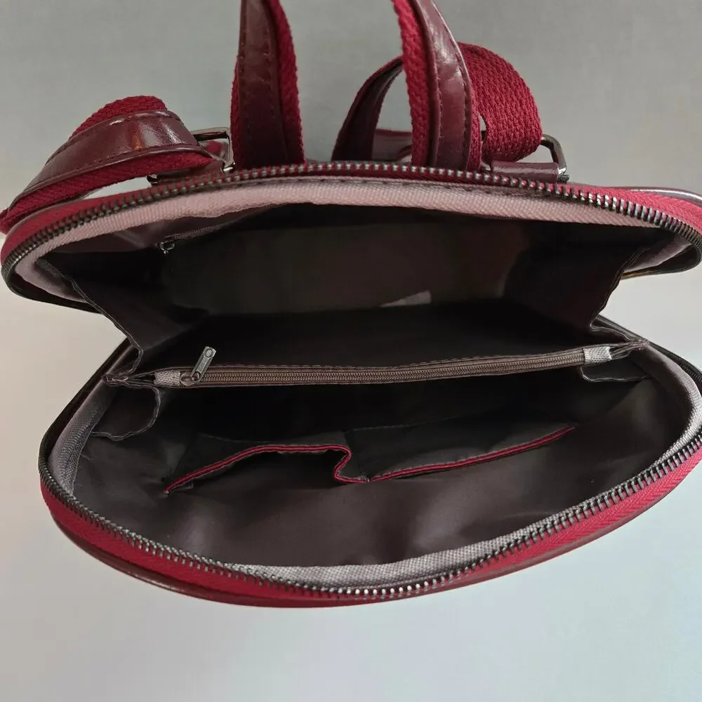 Backpack Mid-Size Burgundy Hard Shell Faux Leather Zipper Closure Adj Straps NEW